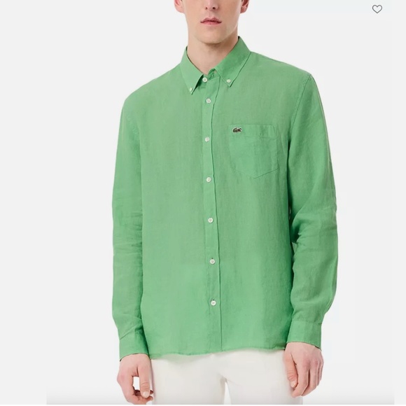 Lacoste Regular Fit Kelly Green Linen Button Down Men's Shirt Nwt S